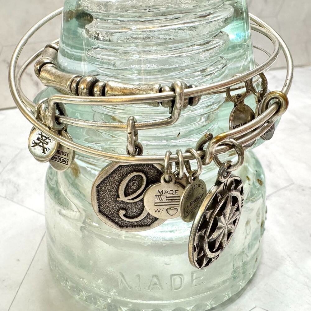 Alex And Ani Charm Bracelets Silver Tone Compass G Initial Bamboo Link Lot of 3